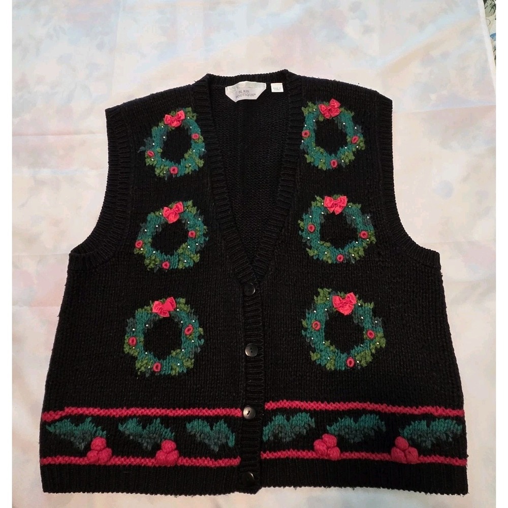 Vtg Blair Boutique Black Button Up Christmas Sweater Wreaths Bows Sz Xl